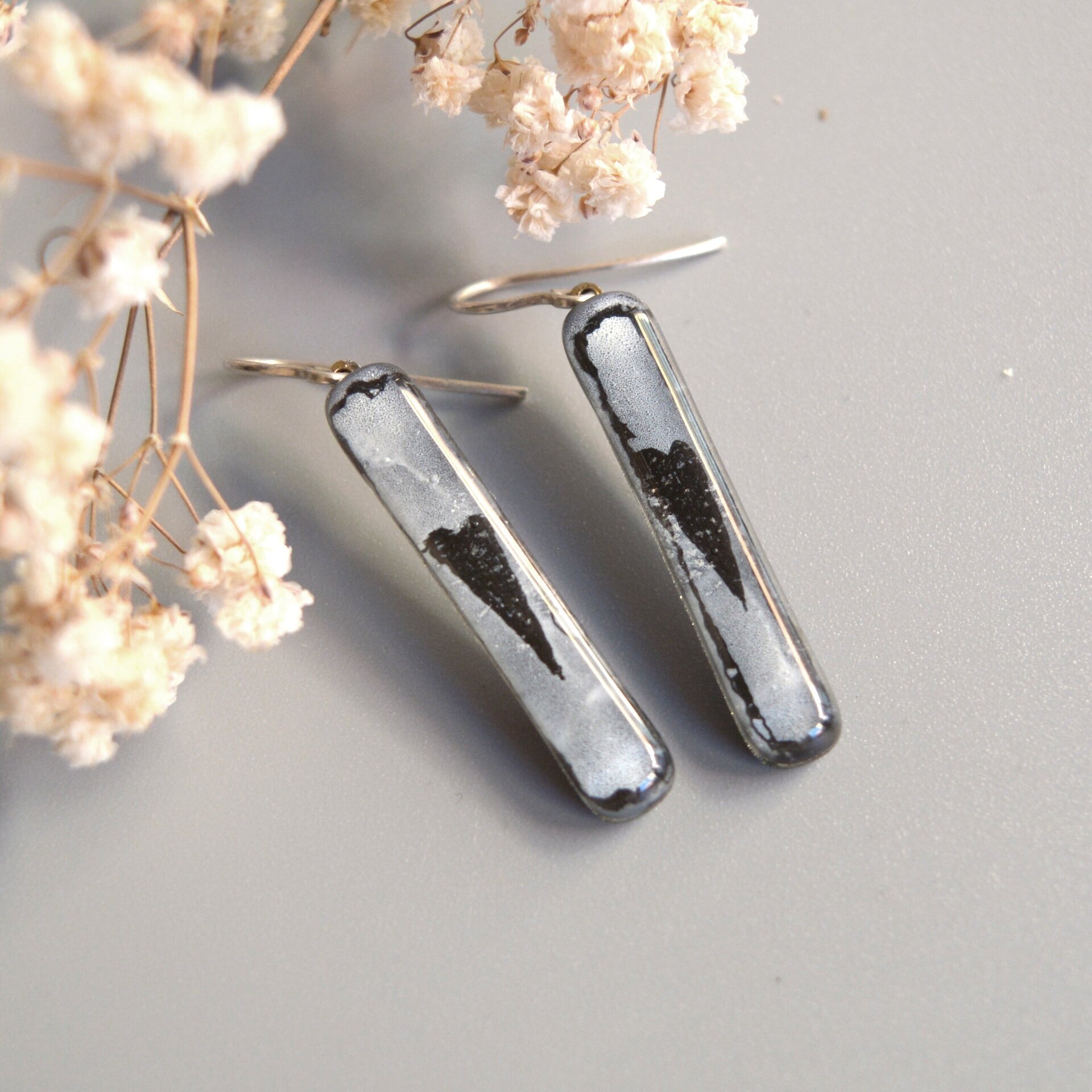 Pendientes Corazón negro de vidrio y plata de ley, Joyas únicas - 3