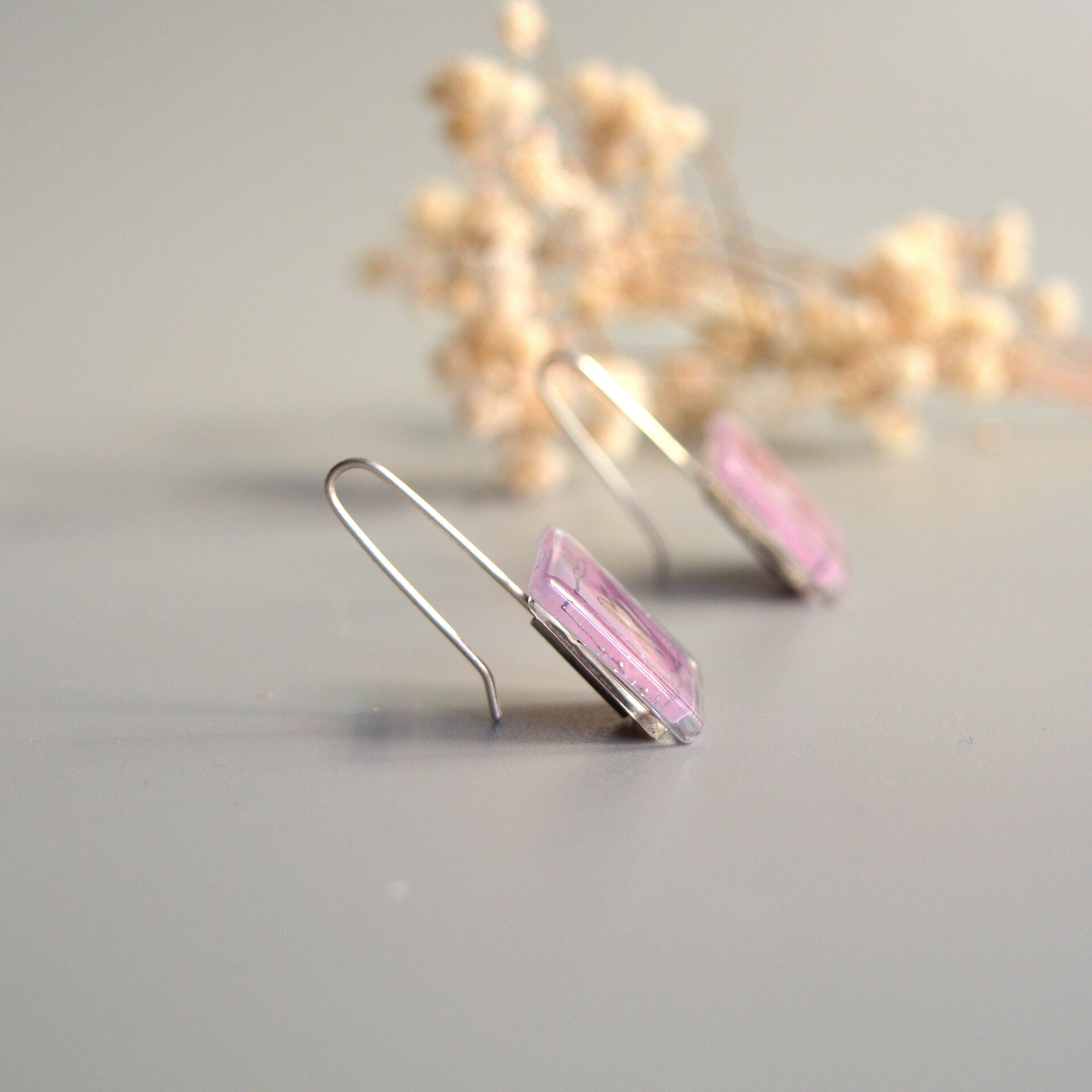 Pendientes Corazón lilas, Vidrio y plata de ley, Diseño cuadrado, Joyas únicas - 4