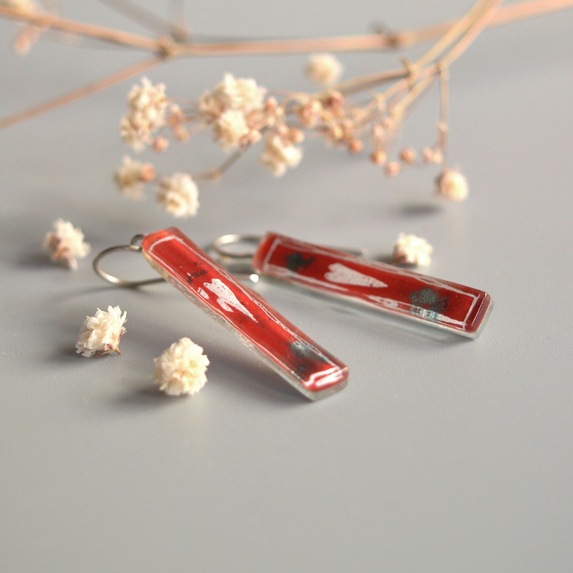 Pendientes Corazón rojo de vidrio y plata de ley, Joyas únicas - 2