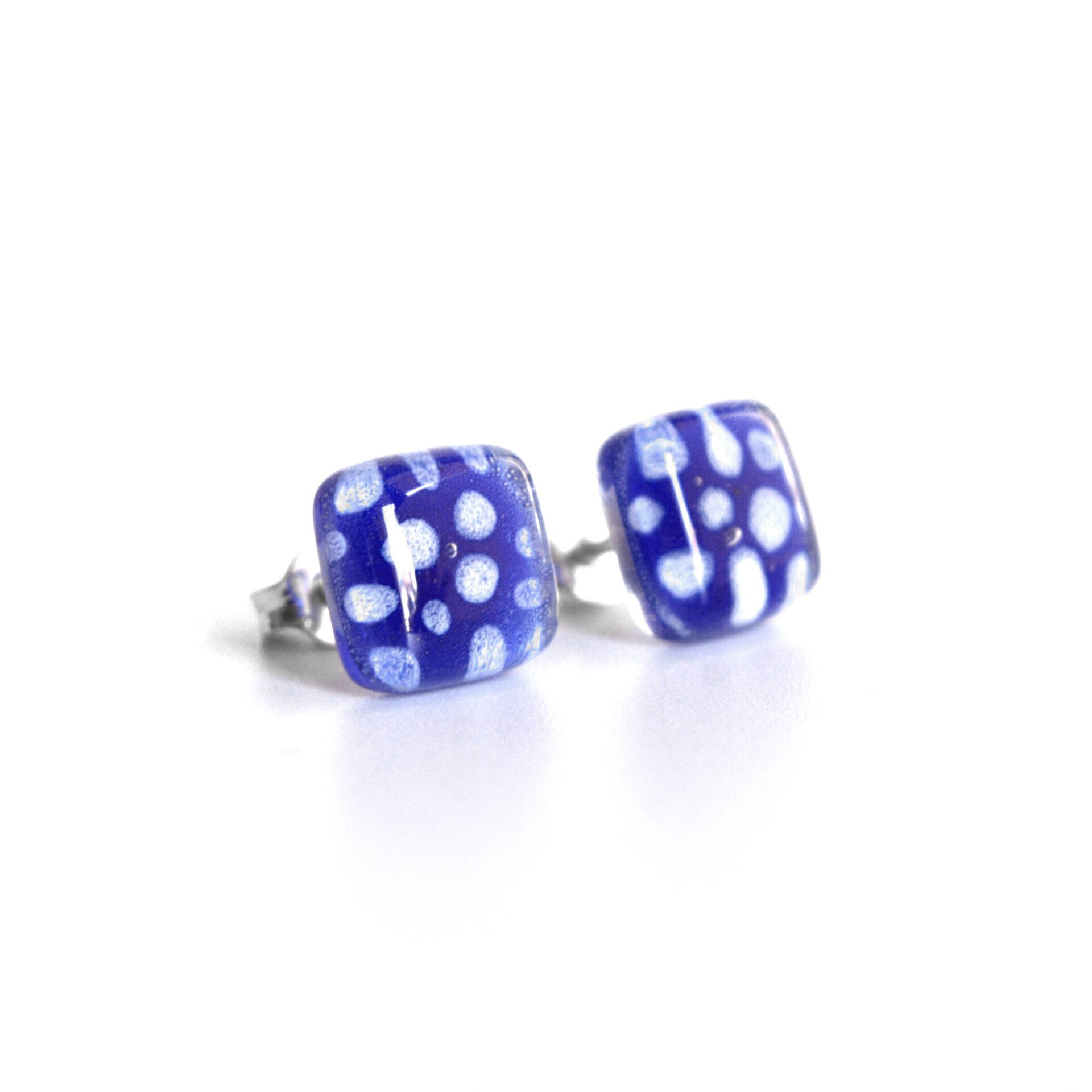 Pendientes con lunares en blanco y azul. Joyas de vidrio y plata de ley - 3