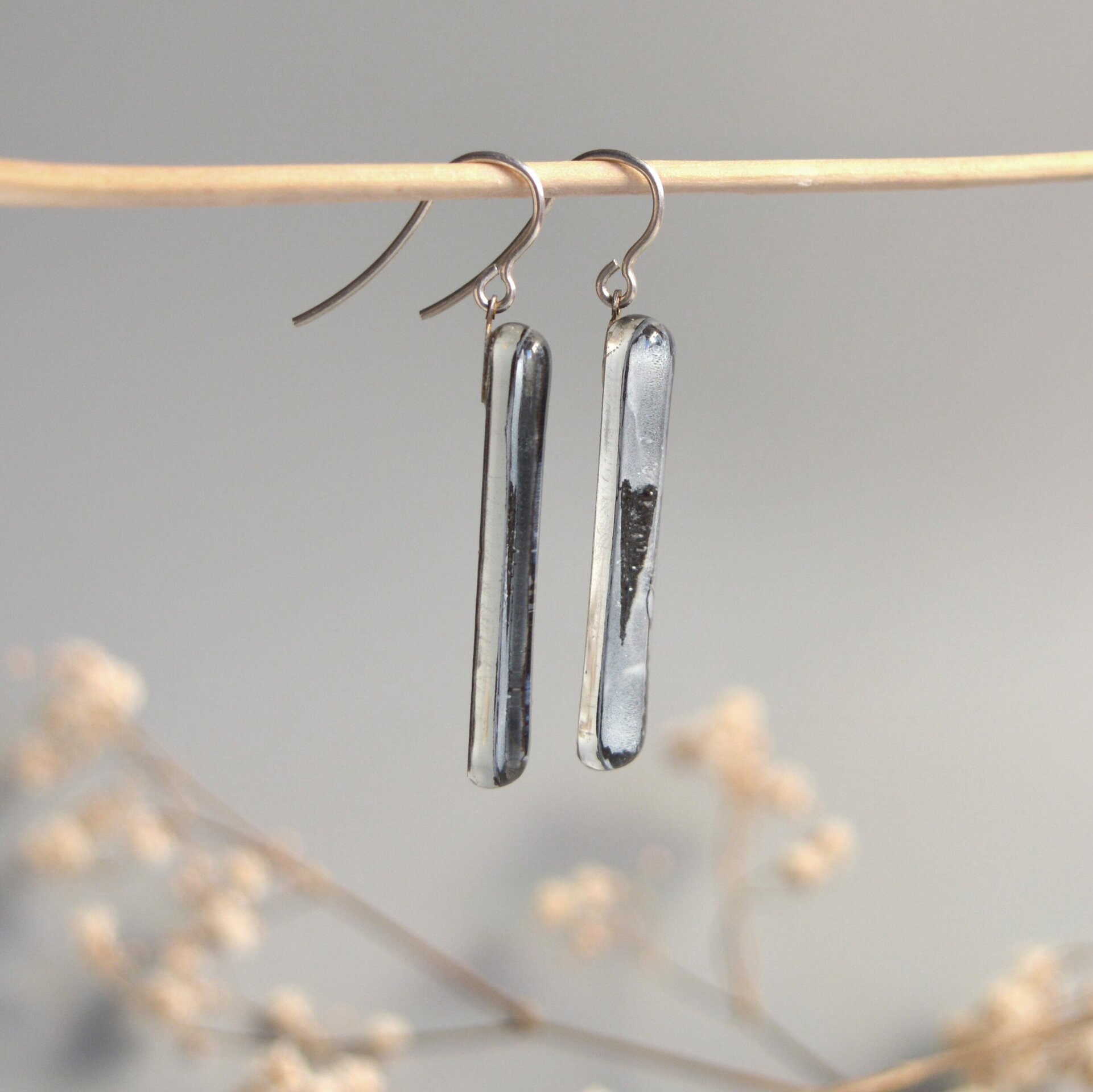 Pendientes Corazón negro de vidrio y plata de ley, Joyas únicas - 5