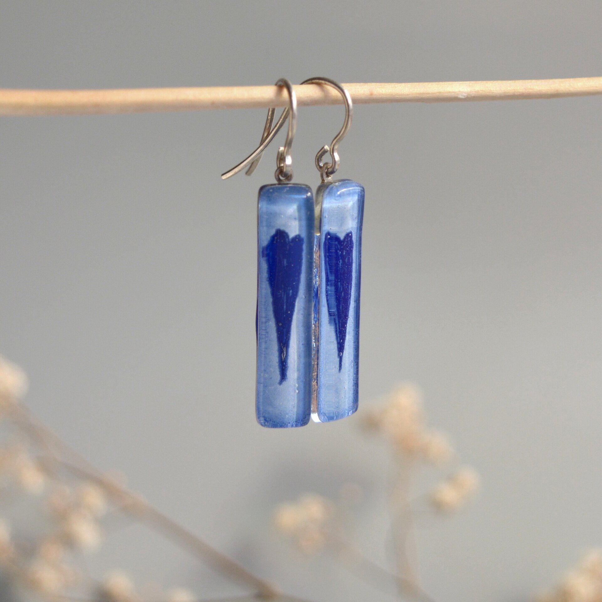 Pendientes Corazón color azul de vidrio y plata de ley, Joyas únicas - 2