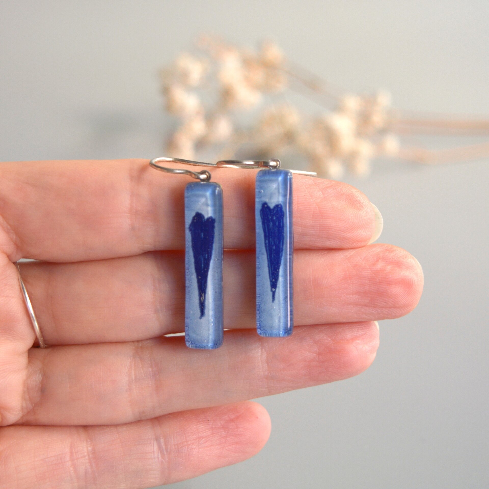 Pendientes Corazón color azul de vidrio y plata de ley, Joyas únicas - 4
