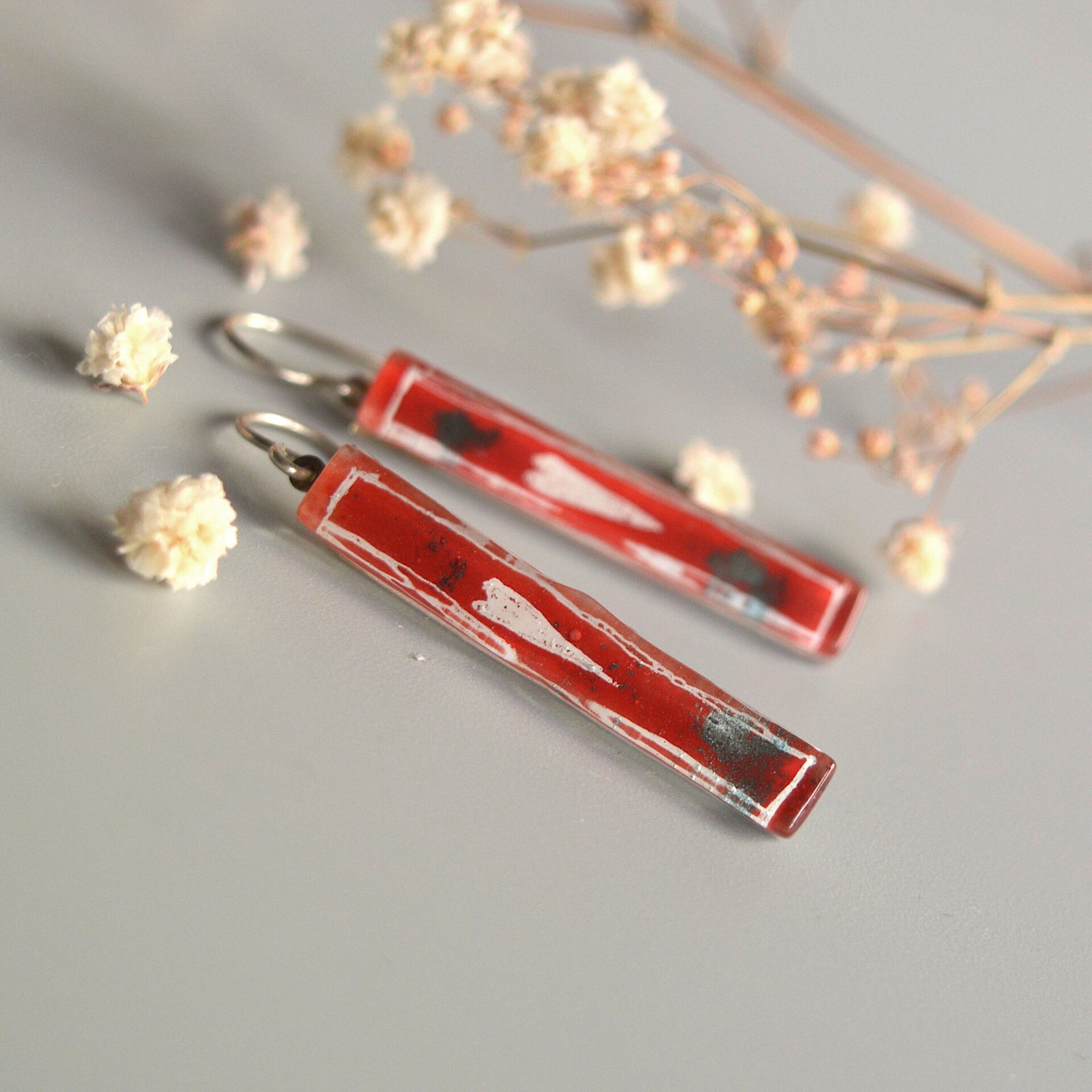 Pendientes Corazón rojo de vidrio y plata de ley, Joyas únicas - 3
