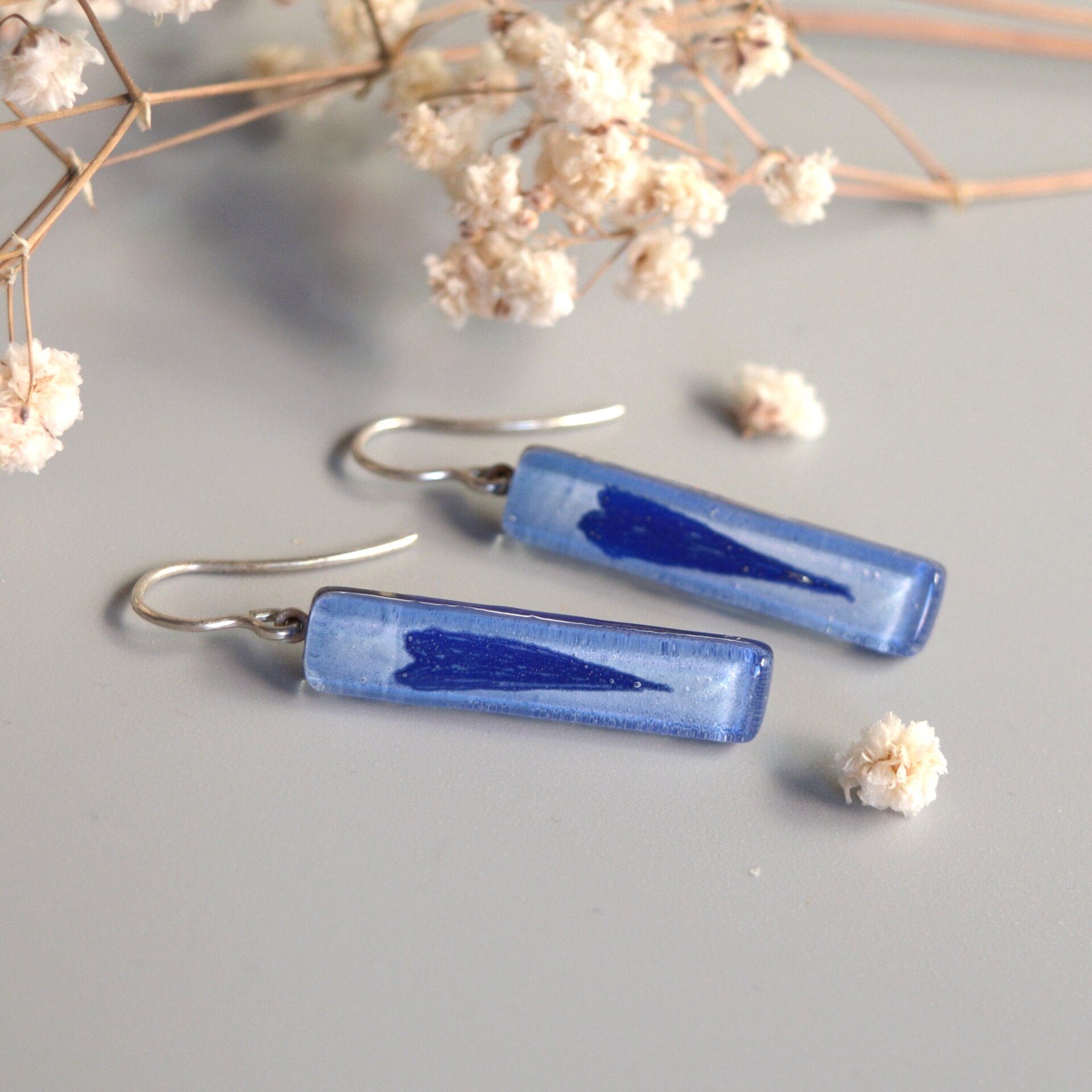 Pendientes Corazón color azul de vidrio y plata de ley, Joyas únicas - 5